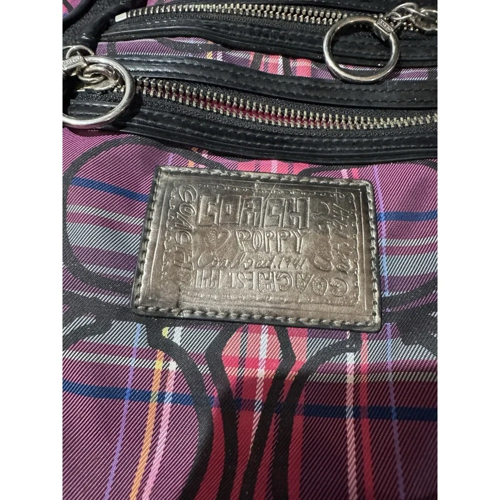 Coach Poppy Plaid Tote Pink Purple Black Zip Silver Hardware Pockets USED!!